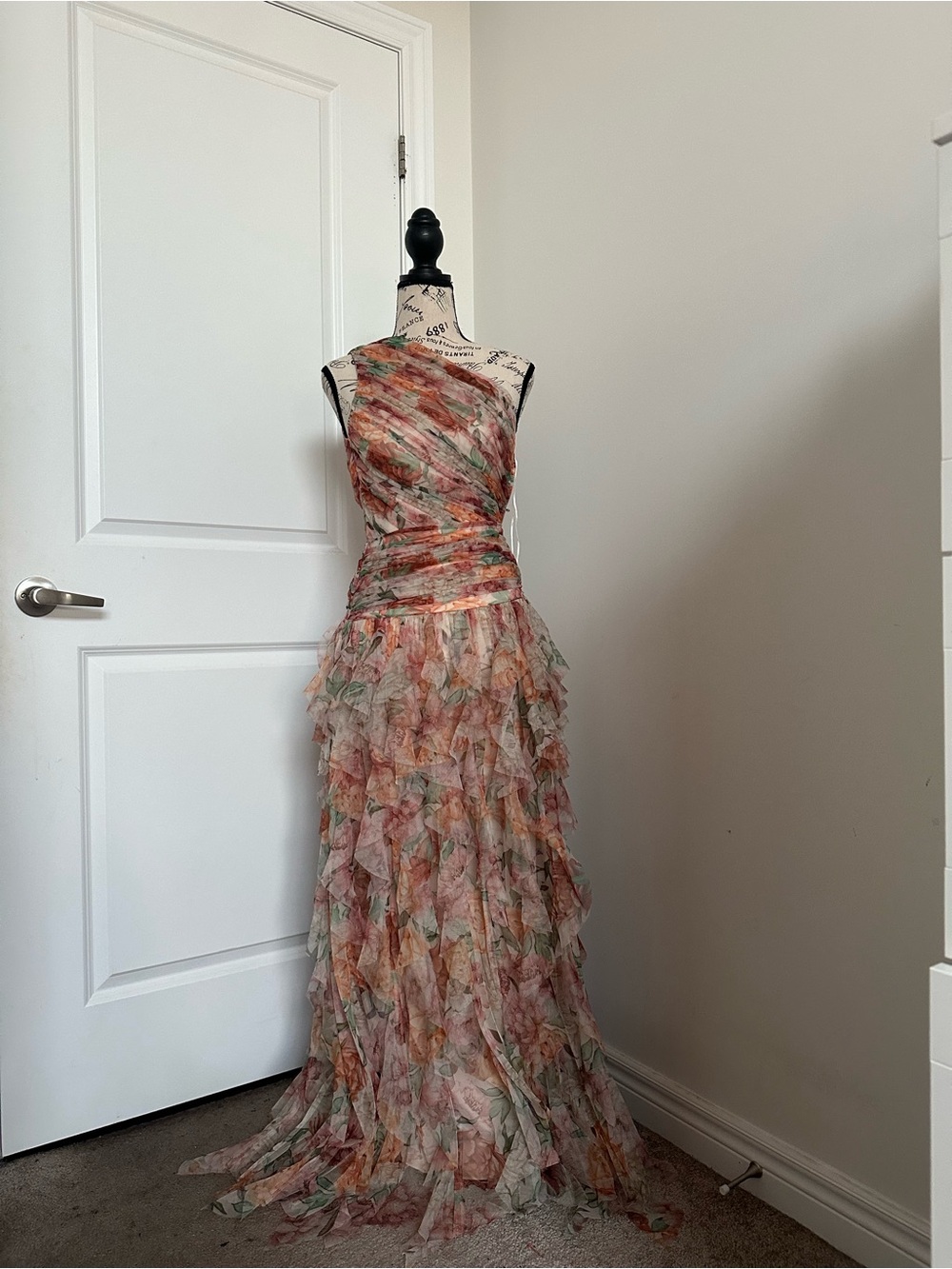 One-Shoulder Waterfall Ruffle Maxi Dress in Floral Print